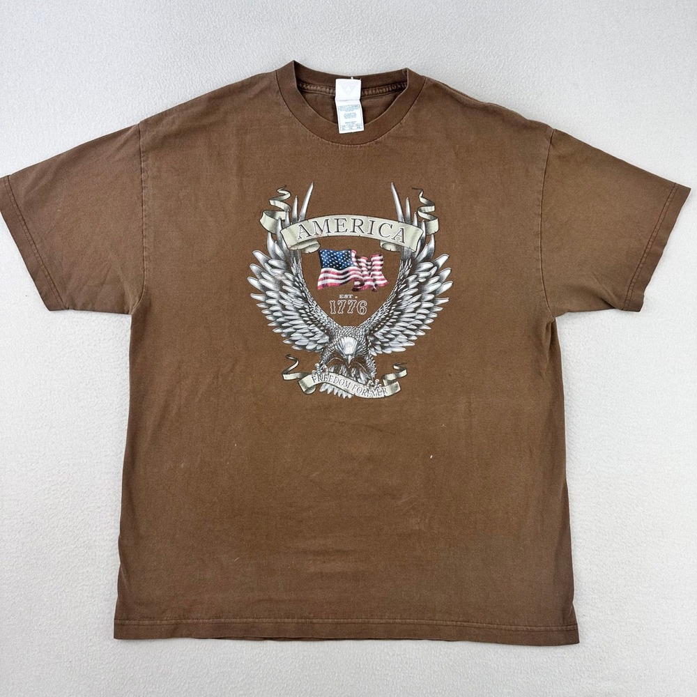 Vintage American Graphic T-Shirt Mens XL Brown Eagle Freedom Short‎ Sleeve Tee